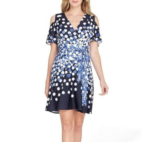 Tahari S 6 Navy Blue White Cold Shoulder dress - Picture 1 of 6